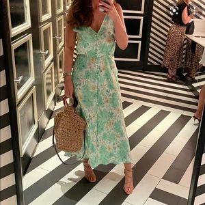 Zara White/Green Satin Effect Floral Midi Slip Dress Small